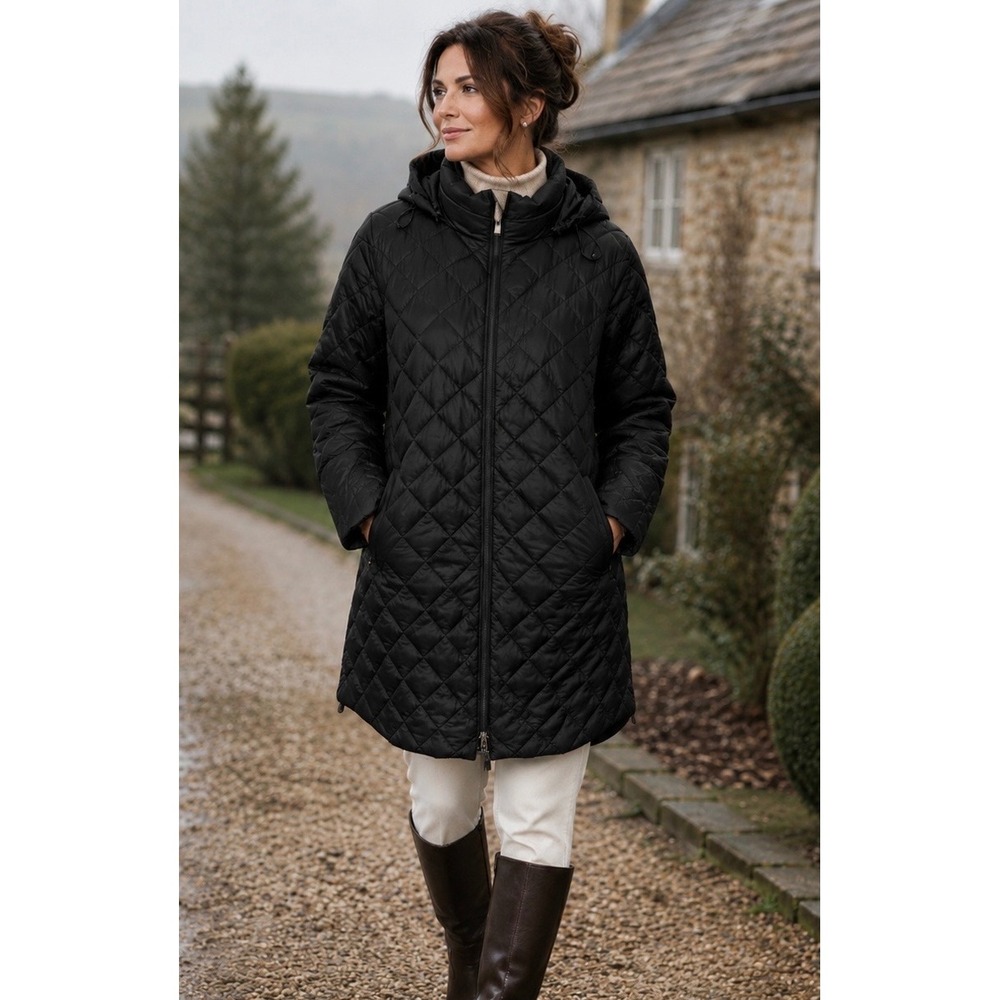 Lands End Puffer Jacke Women's 1X Long Black Down Hooded Jacket Quilted